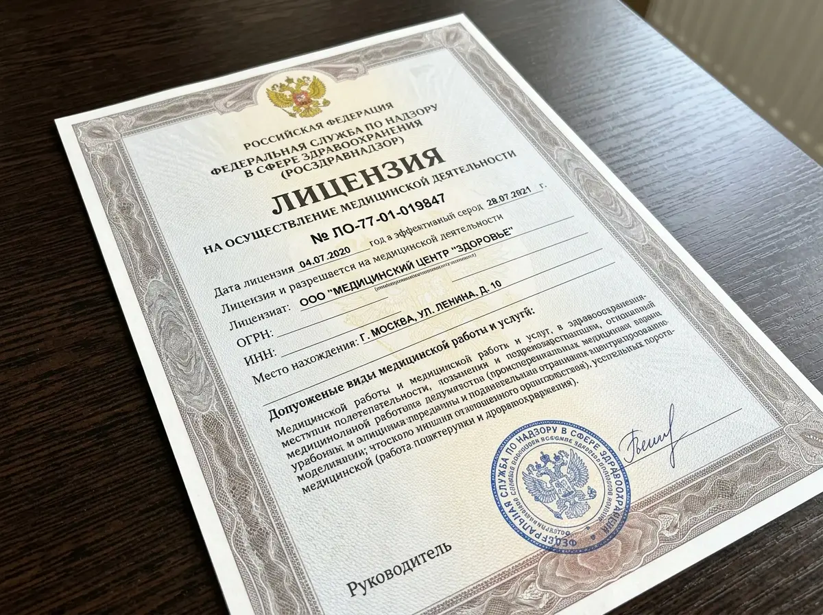 Лицензия на медицинскую деятельность Росздравнадзора № ЛО-77-01-019847, официальный бланк с гербовой печатью