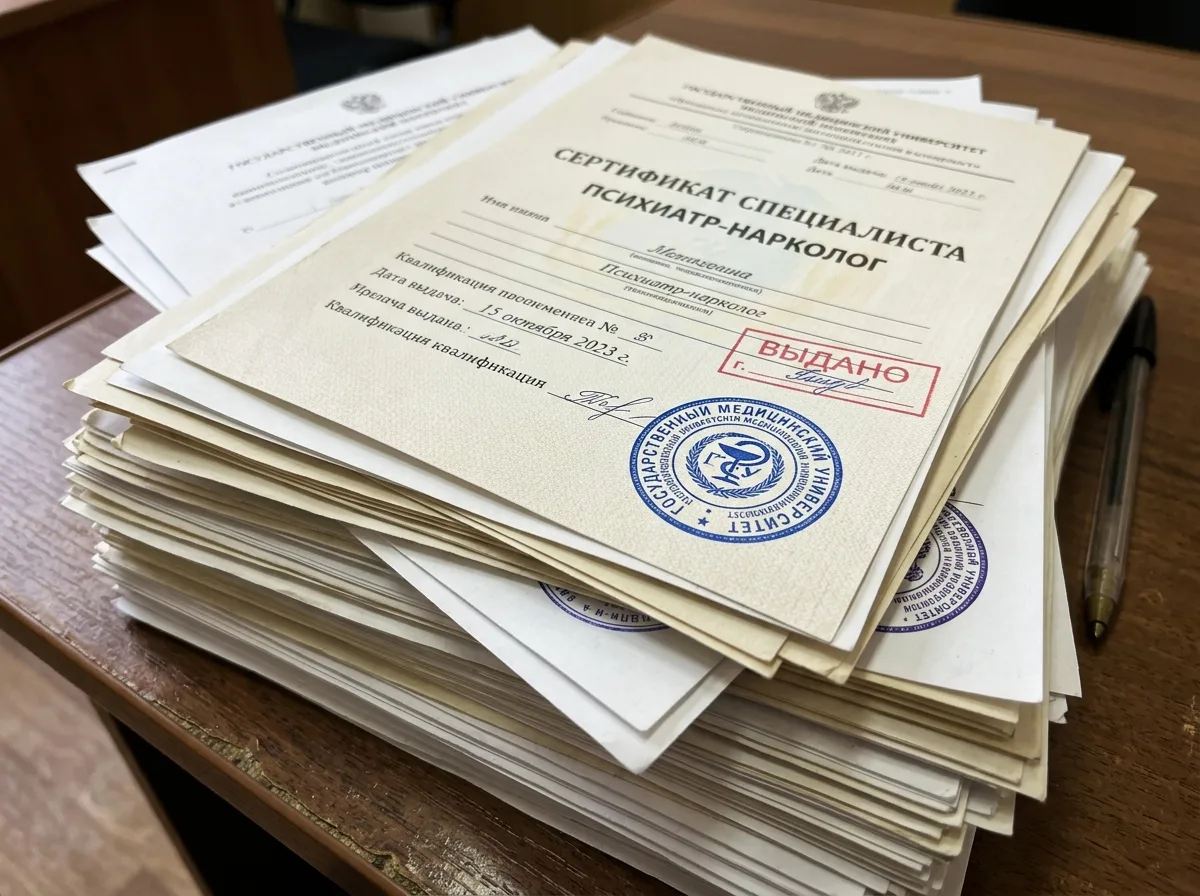 Сертификаты специалистов психиатров-наркологов, стопка документов с печатями медицинских университетов